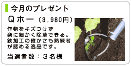 今月のプレゼント　Ｑポー（3,980円）　作物をキズつけず楽に細かくできる。鉄加工の確かさも熟練者が認める逸品です。当選者数：３名様